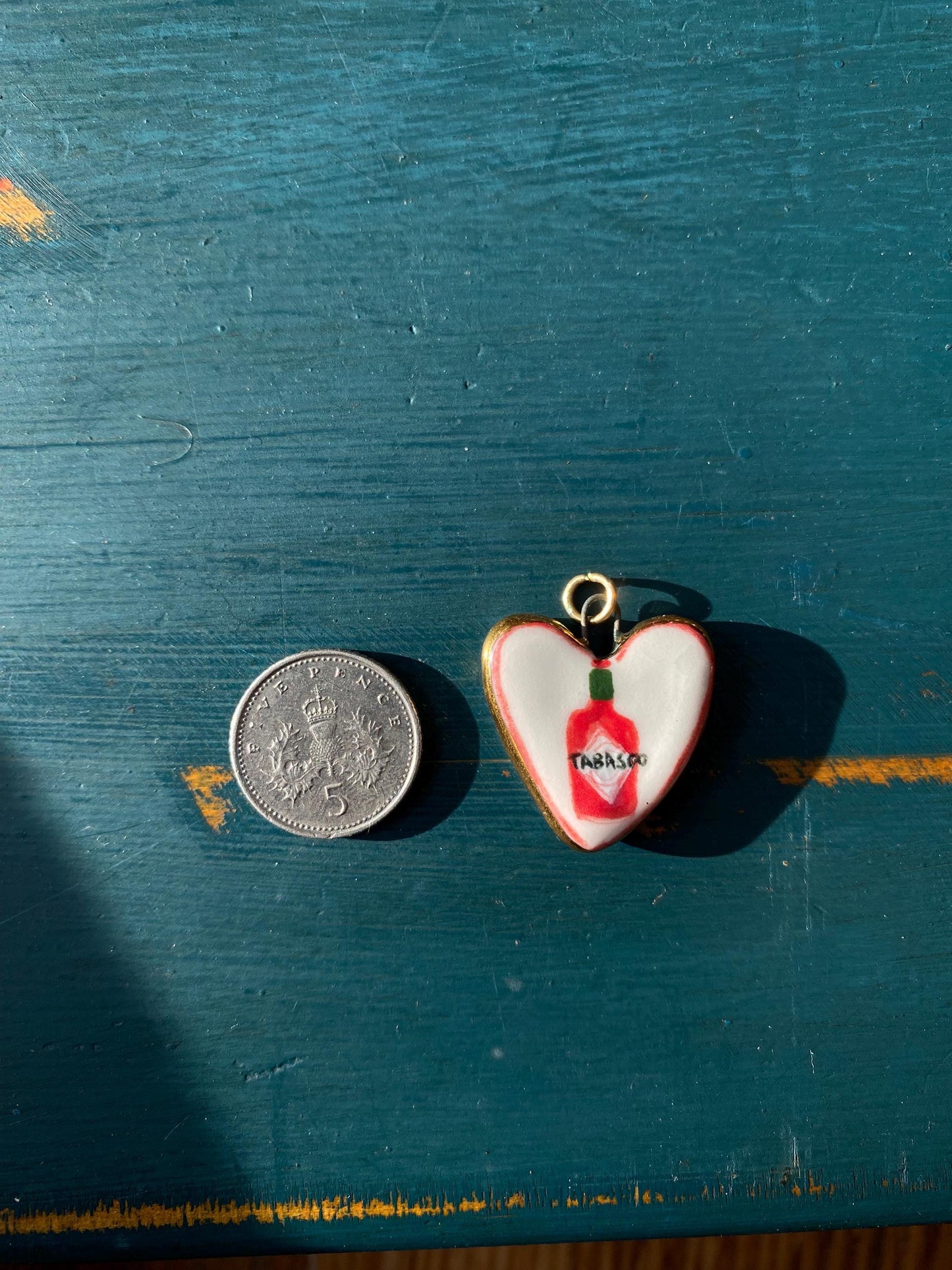 Hand-Sculpted Porcelain Tabasco Pendant: 24k Gold Lustre Ceramic Necklace Charm