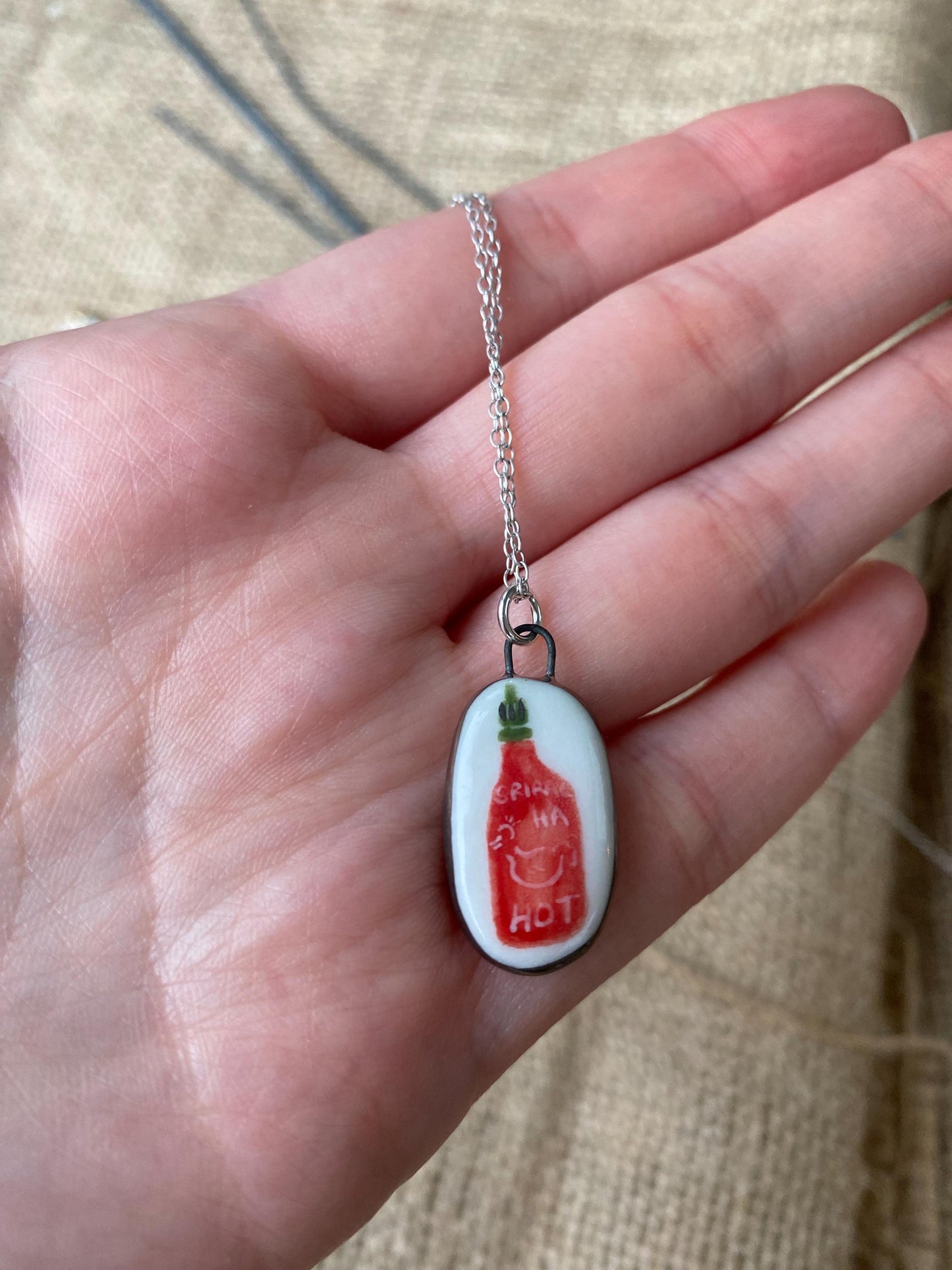 Hand-Sculpted Porcelain Sriracha Pendant: 24k Gold Lustre Ceramic Necklace Charm