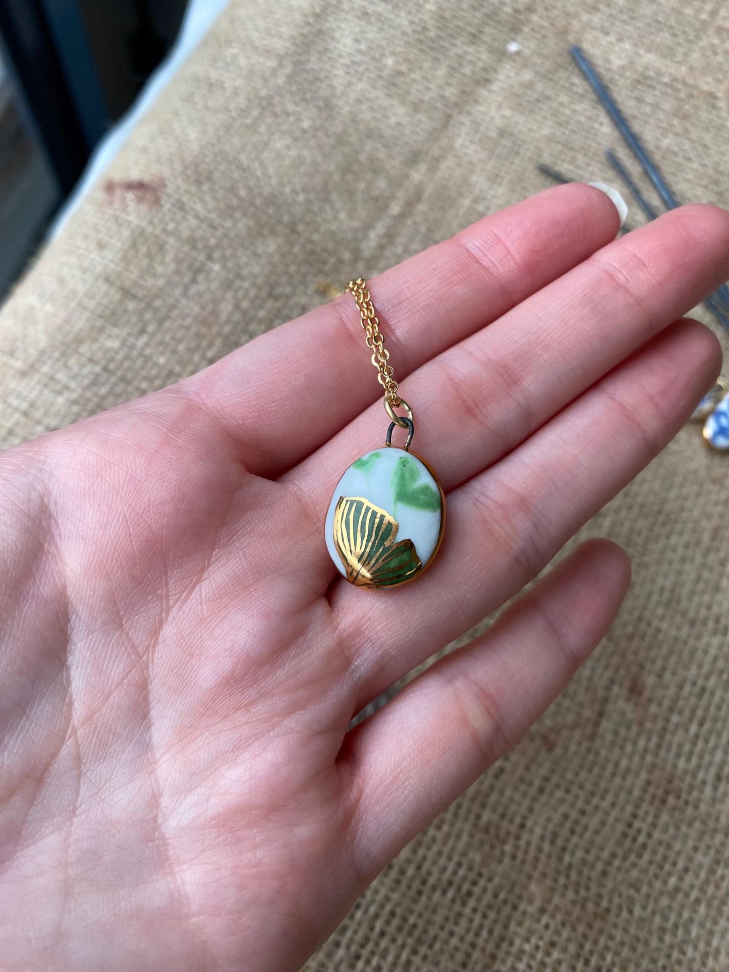 Hand-Sculpted Porcelain Ginkgo Pendant: 24k Gold Lustre Ceramic Necklace Charm