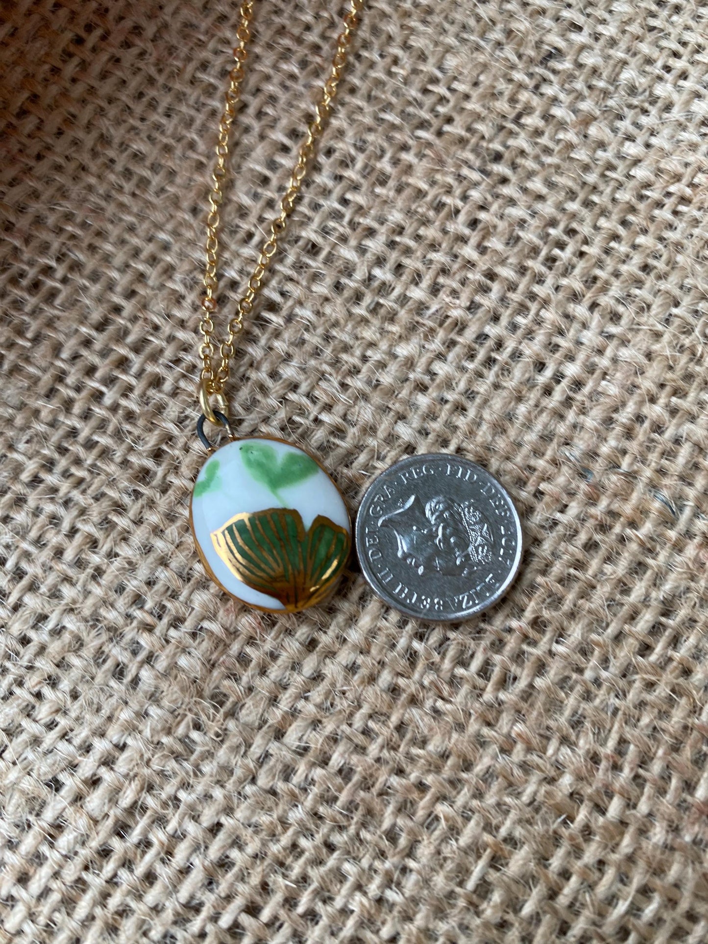 Hand-Sculpted Porcelain Ginkgo Pendant: 24k Gold Lustre Ceramic Necklace Charm