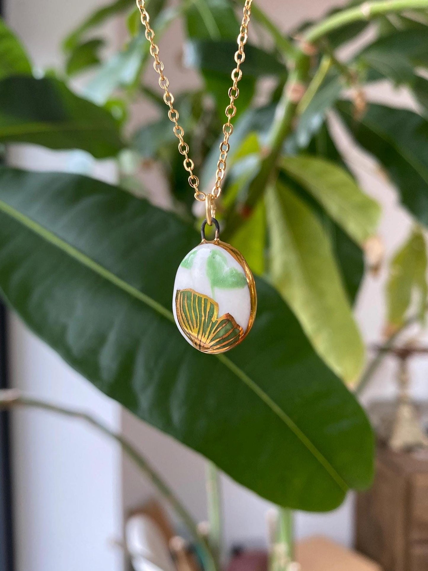 Hand-Sculpted Porcelain Ginkgo Pendant: 24k Gold Lustre Ceramic Necklace Charm