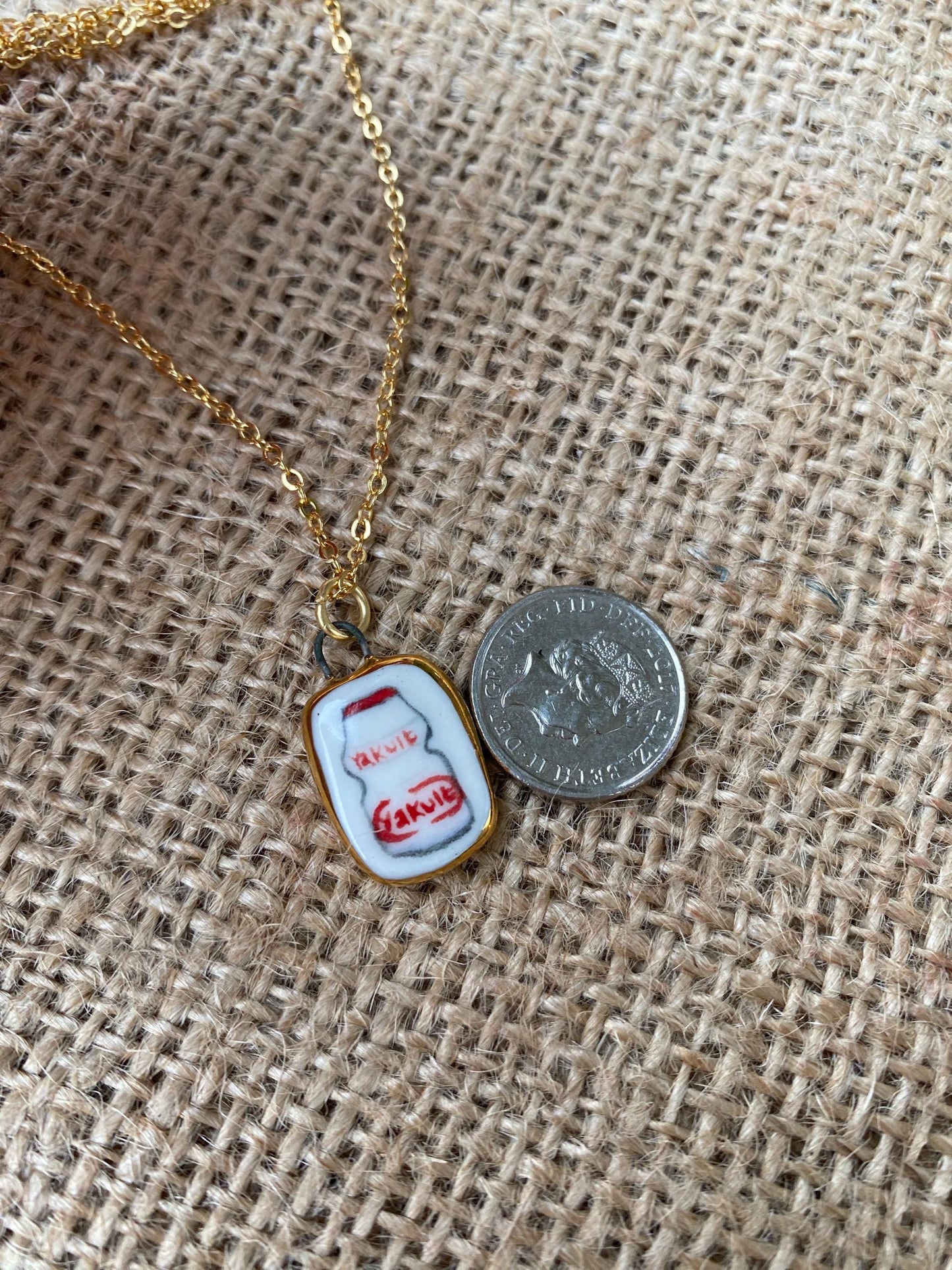 Hand-Sculpted Porcelain Yakult Pendant: 24k Gold Lustre Ceramic Necklace Charm