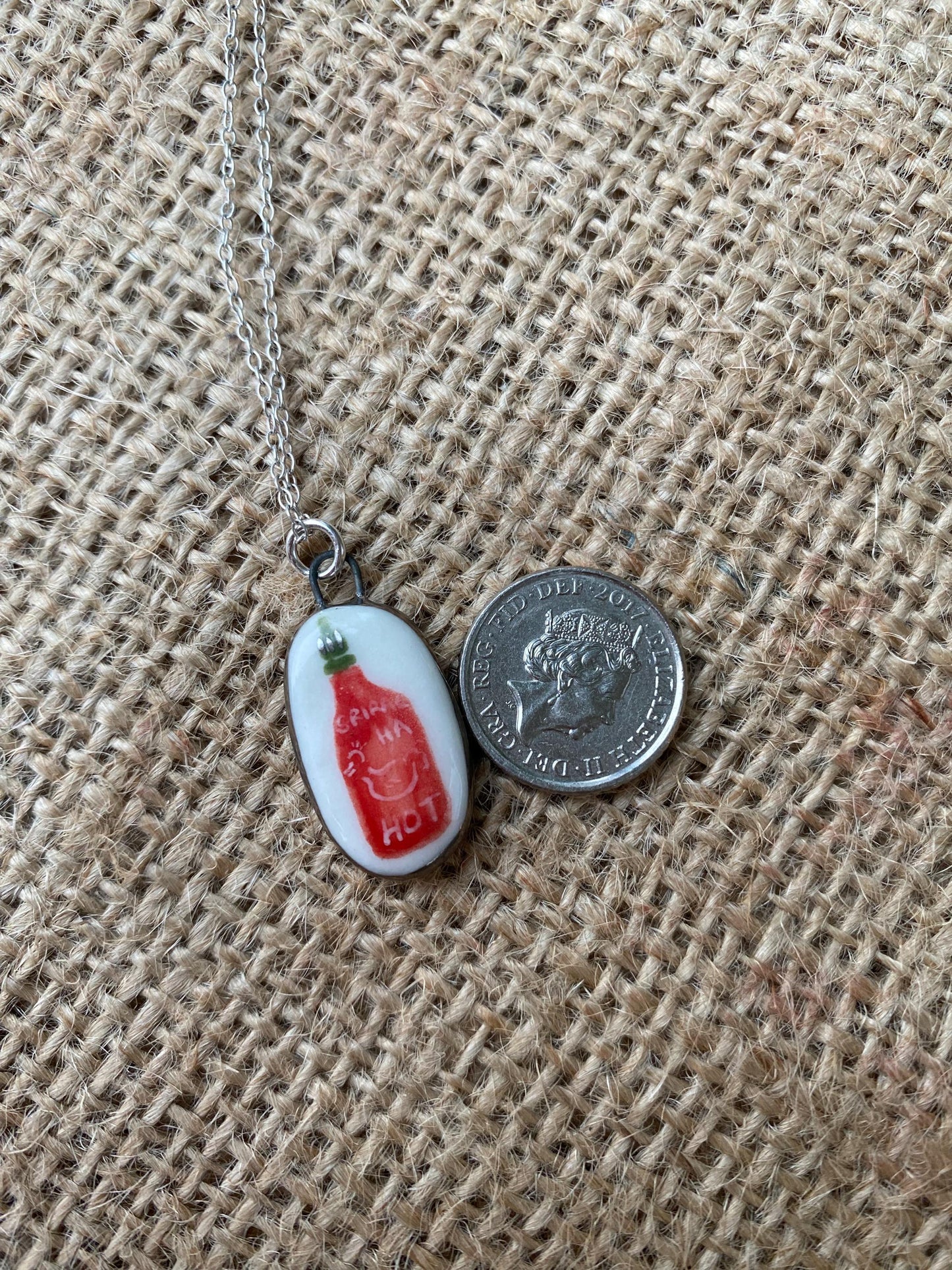 Hand-Sculpted Porcelain Sriracha Pendant: 24k Gold Lustre Ceramic Necklace Charm