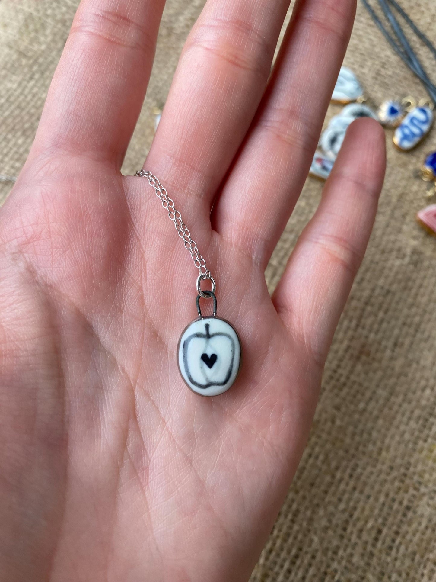 Hand-Sculpted Porcelain Apple Pendant: 24k Platinum Lustre Ceramic Necklace Charm