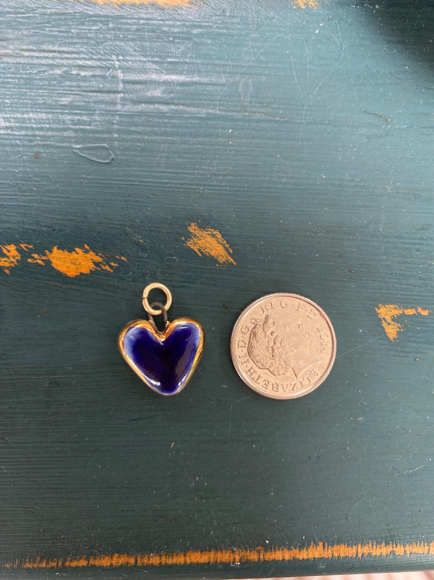 Hand-Sculpted Porcelain Blue Heart Pendant: 24k Gold Lustre Ceramic Necklace Charm