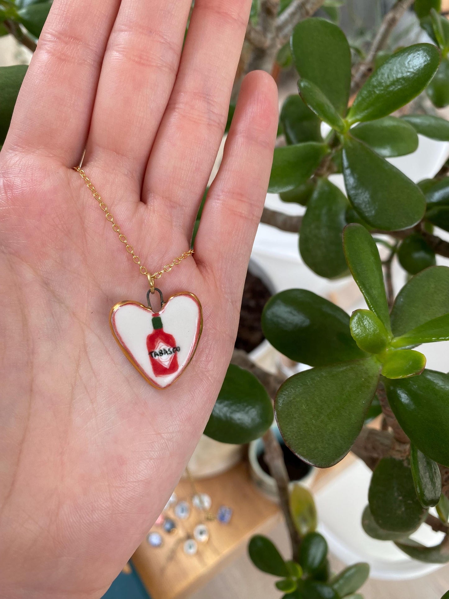 Hand-Sculpted Porcelain Tabasco Pendant: 24k Gold Lustre Ceramic Necklace Charm