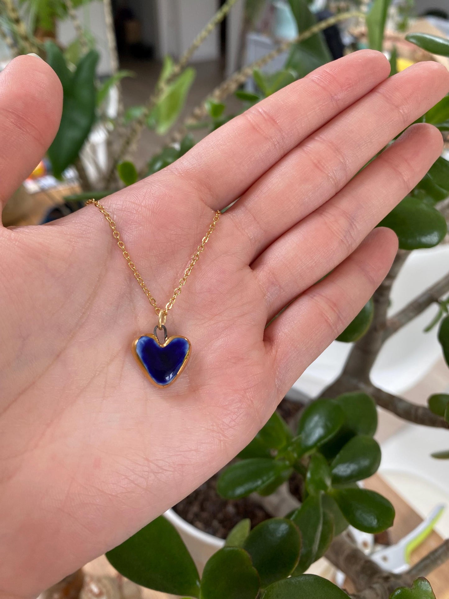 Hand-Sculpted Porcelain Blue Heart Pendant: 24k Gold Lustre Ceramic Necklace Charm