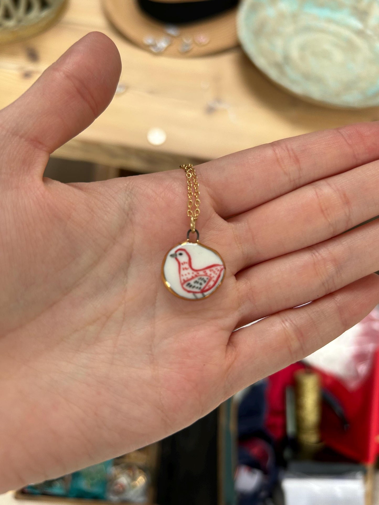 Hand-Sculpted Porcelain Chicken Pendant: 24k Gold Lustre Ceramic Necklace Charm