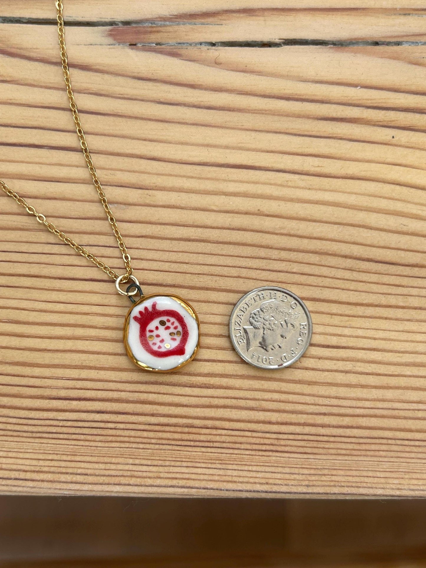 Hand-Sculpted Porcelain Pomegranite Pendant: 24k Gold Lustre Ceramic Necklace Charm