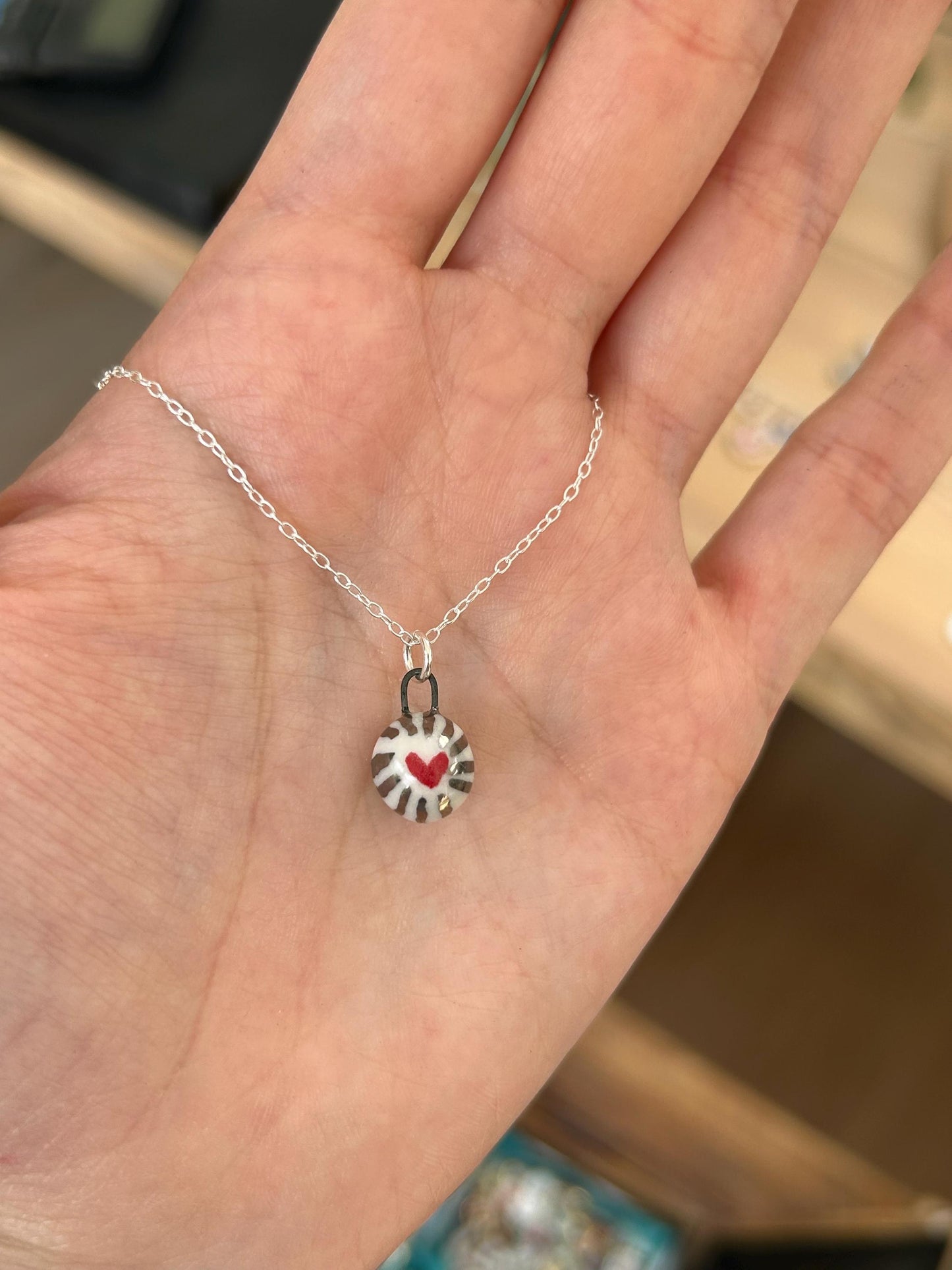 Hand-Sculpted Porcelain Heart Ball Pendant: Platinum Lustre Ceramic Necklace Charm