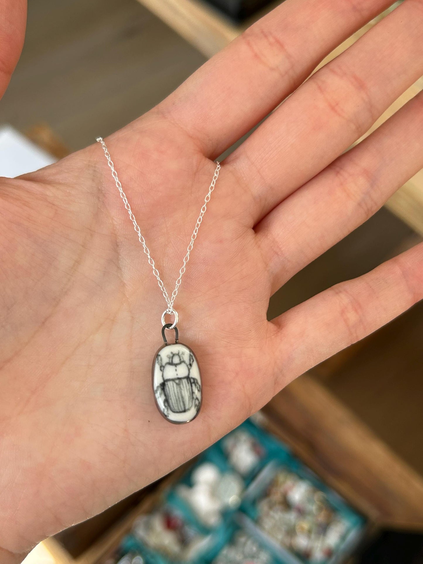 Hand-Sculpted Porcelain Beetle Pendant: Platinum Lustre Ceramic Necklace Charm