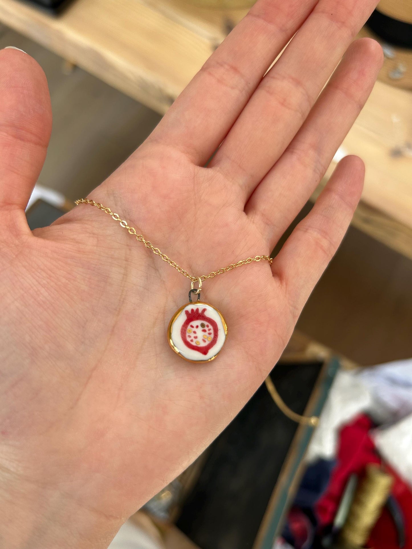 Hand-Sculpted Porcelain Pomegranite Pendant: 24k Gold Lustre Ceramic Necklace Charm