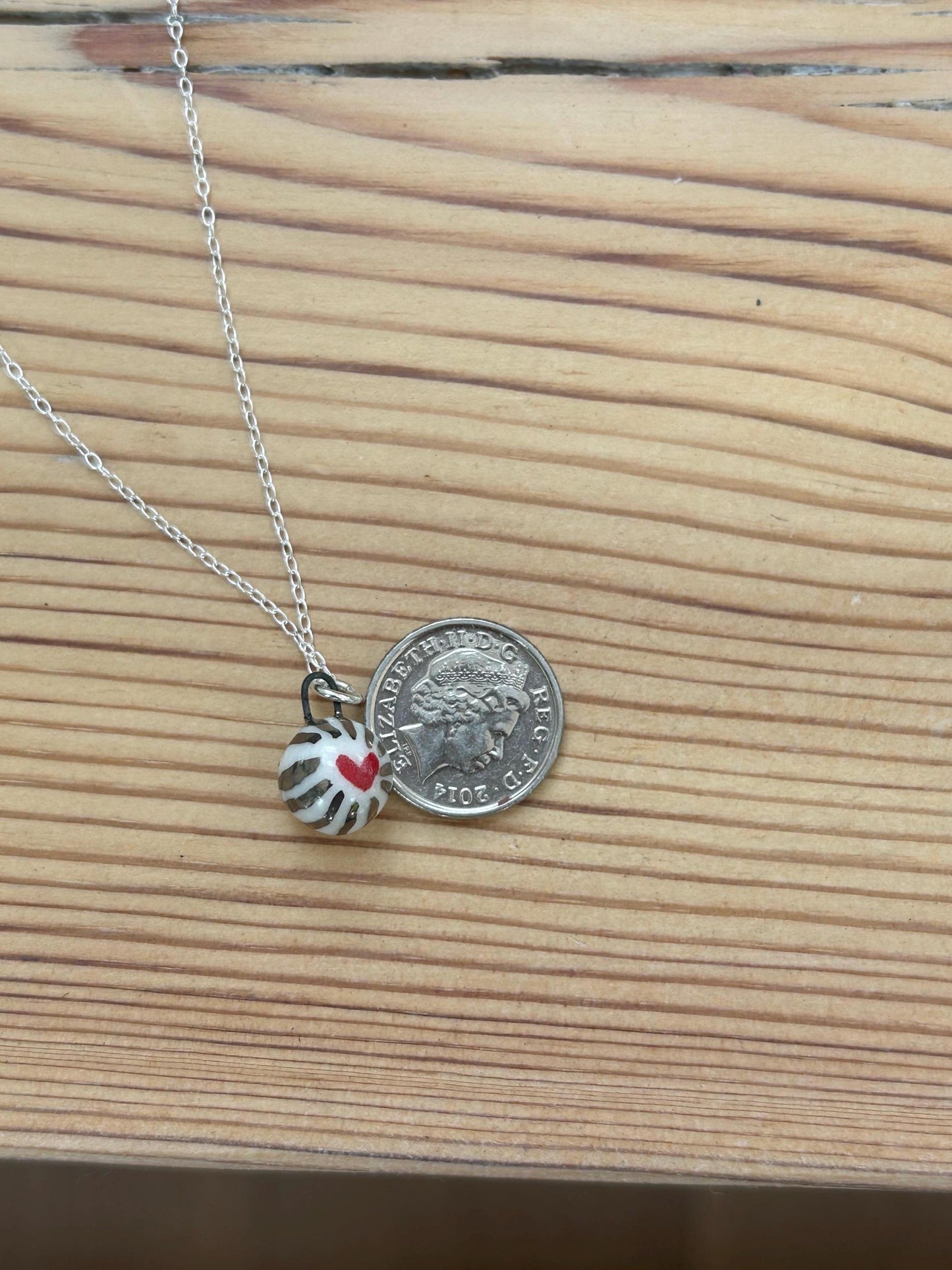 Hand-Sculpted Porcelain Heart Ball Pendant: Platinum Lustre Ceramic Necklace Charm