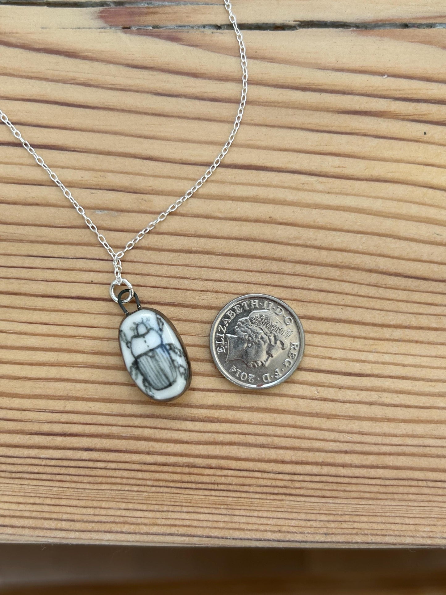 Hand-Sculpted Porcelain Beetle Pendant: Platinum Lustre Ceramic Necklace Charm