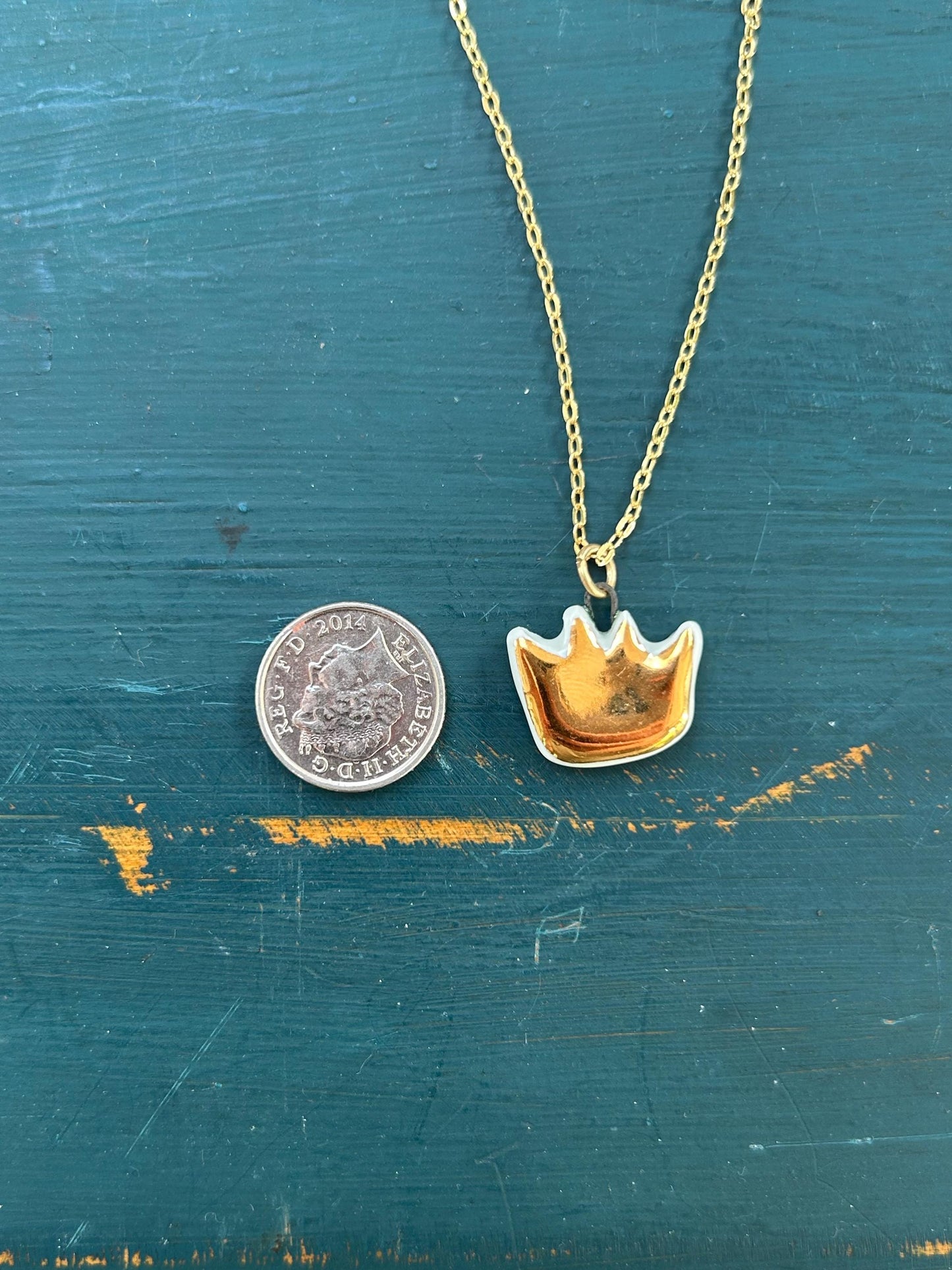 Hand-Sculpted Porcelain Crown Pendant: 24k Gold Lustre Ceramic Necklace Charm
