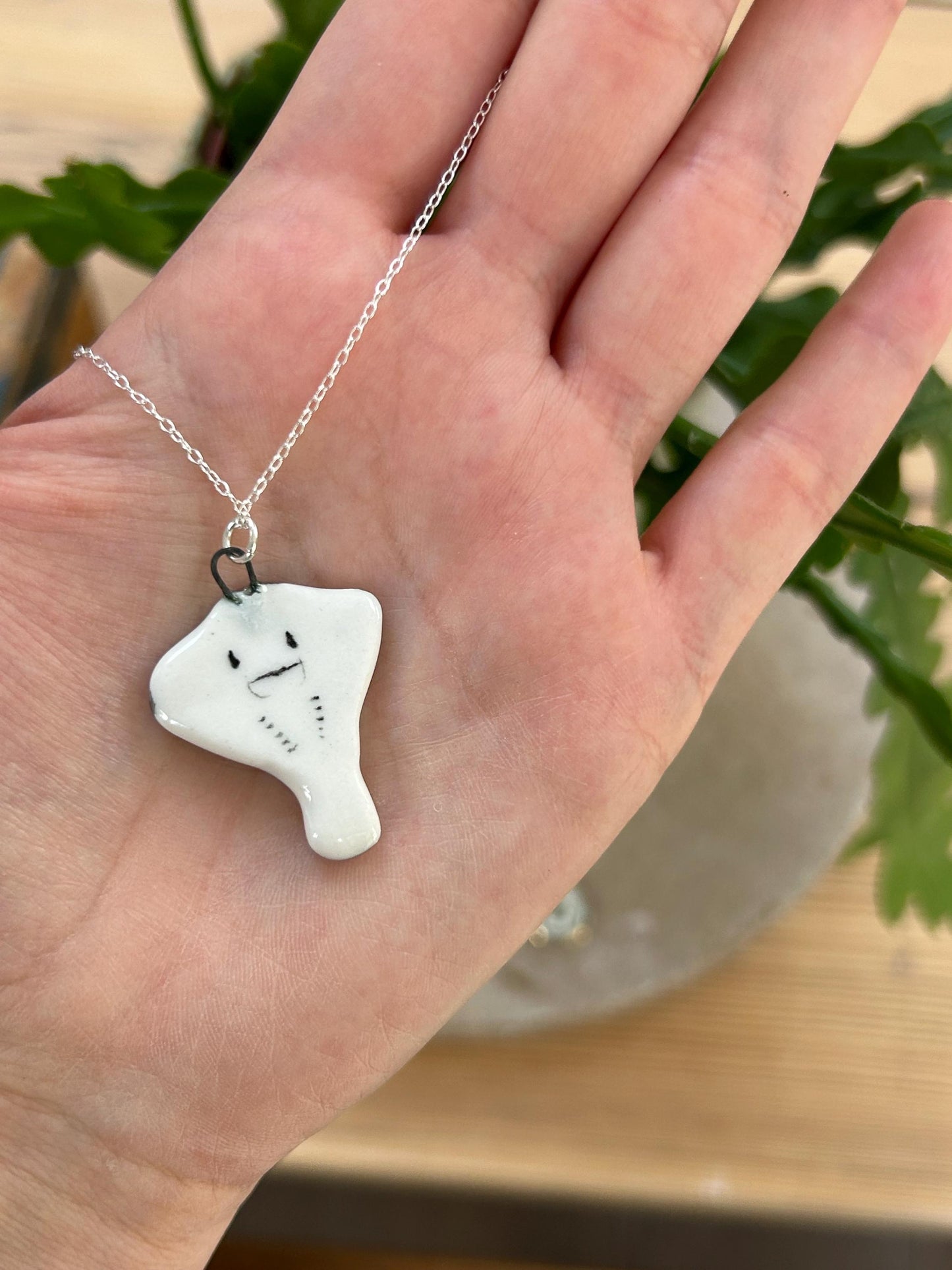 Hand-Sculpted Porcelain Stingray Pendant: Platinum Lustre Ceramic Necklace Charm