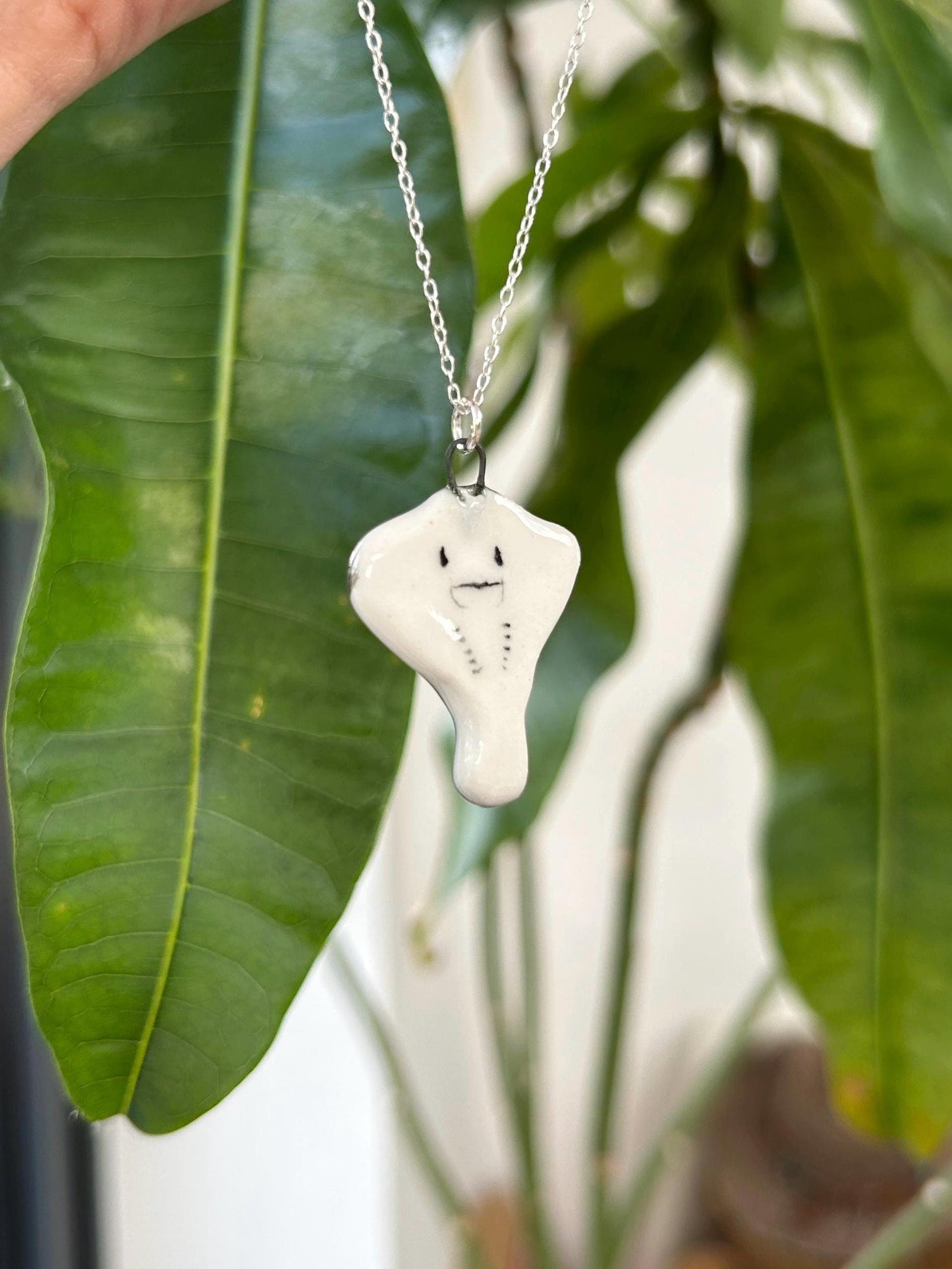 Hand-Sculpted Porcelain Stingray Pendant: Platinum Lustre Ceramic Necklace Charm