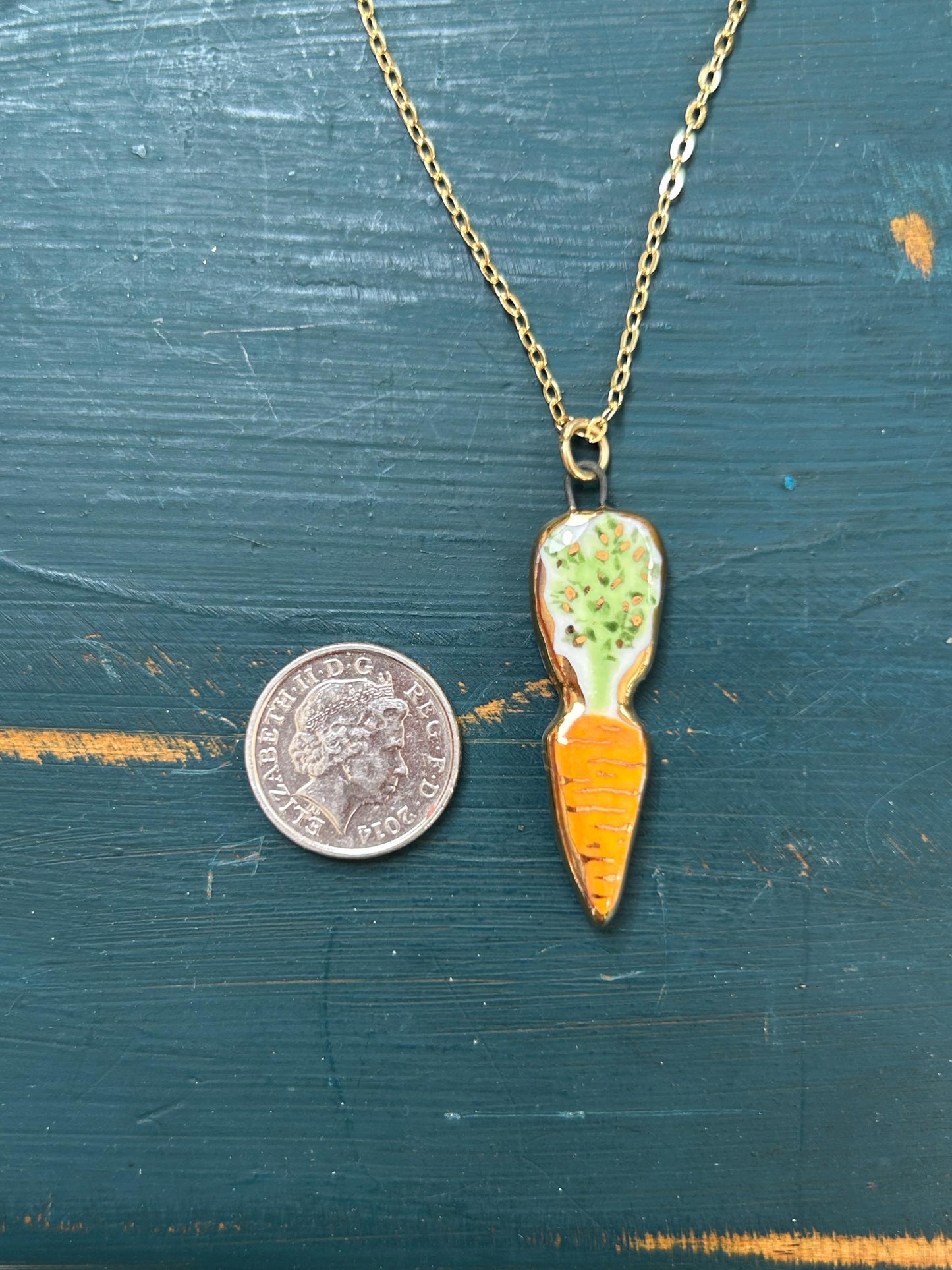 Hand-Sculpted Porcelain Carrot Pendant: 24k Gold Lustre Ceramic Necklace Charm