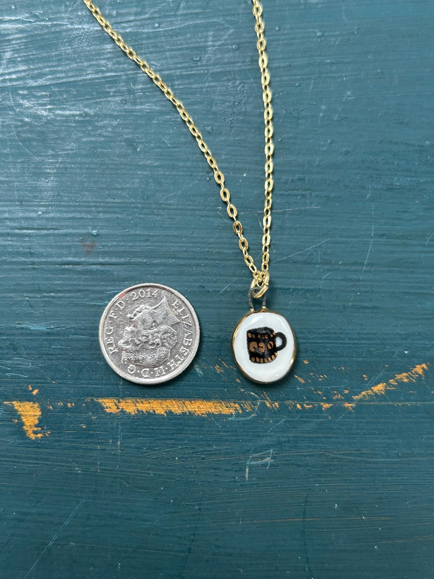 Hand-Sculpted Porcelain Mug Pendant: 24k Gold Lustre Ceramic Necklace Charm