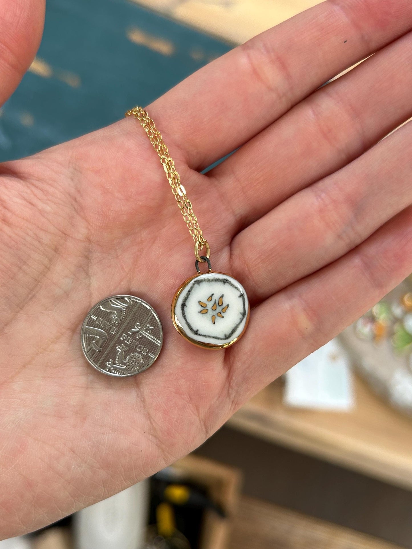 Hand-Sculpted Porcelain Cucumber Pendant: 24k Gold Lustre Ceramic Necklace Charm