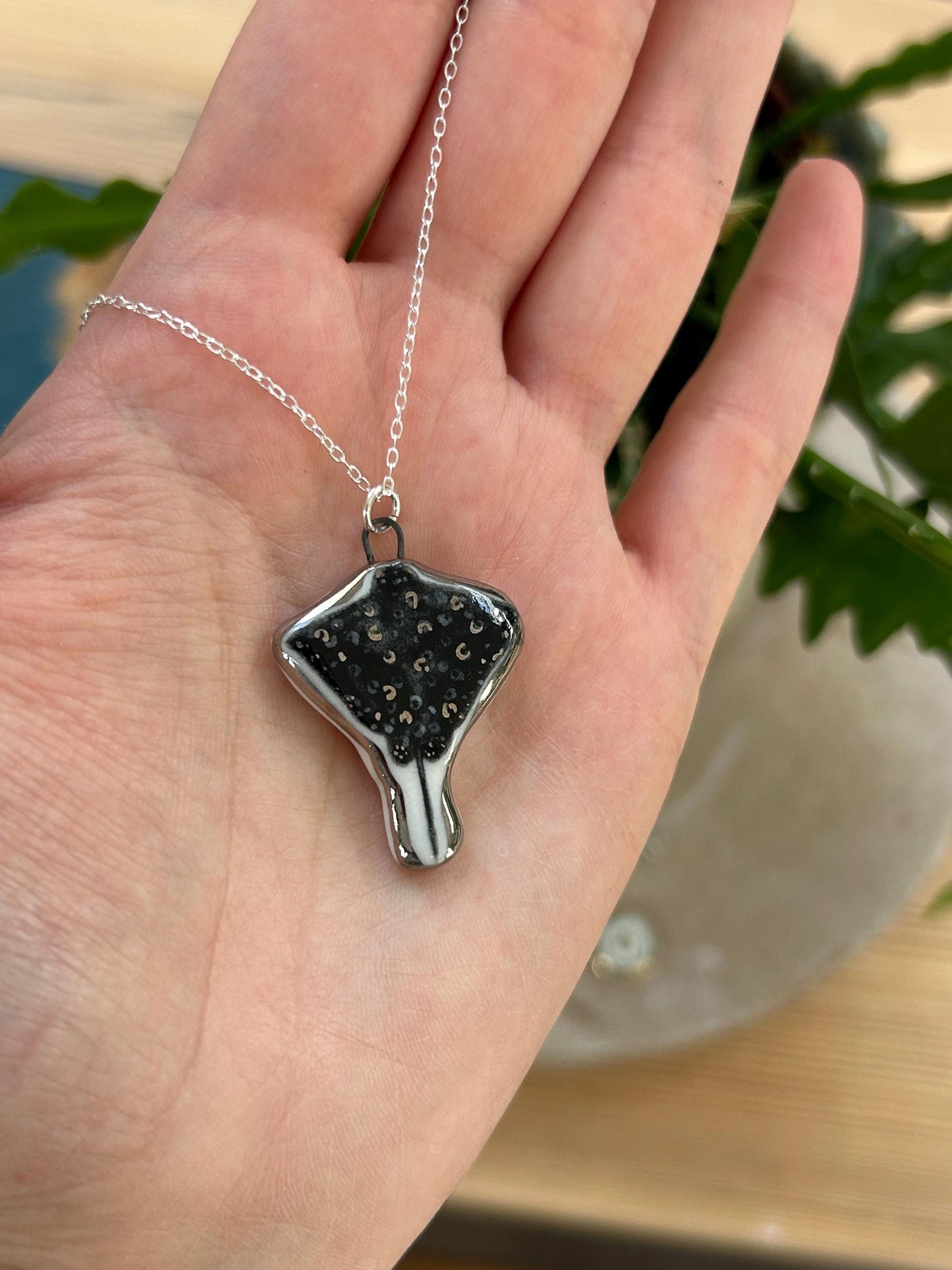 Hand-Sculpted Porcelain Stingray Pendant: Platinum Lustre Ceramic Necklace Charm