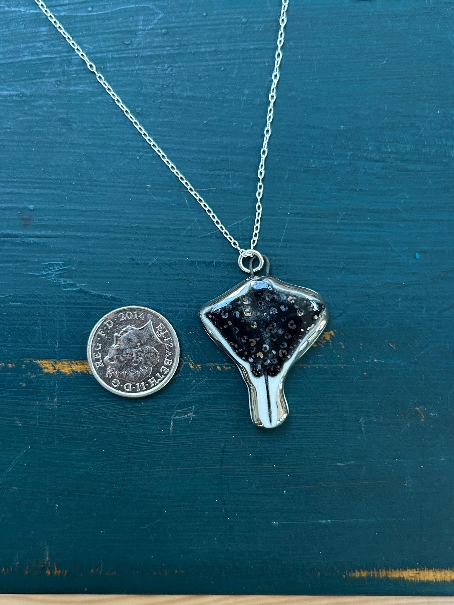 Hand-Sculpted Porcelain Stingray Pendant: Platinum Lustre Ceramic Necklace Charm