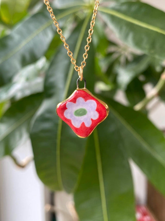 Hand-Sculpted Porcelain Flower Pendant: 24k Gold Lustre Ceramic Necklace Charm