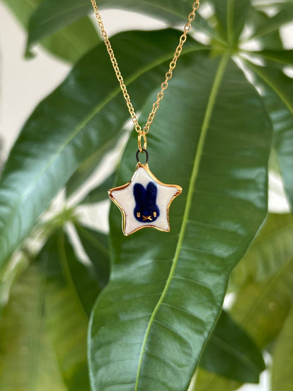 Hand-Sculpted Porcelain Miffy Pendant: 24k Gold Lustre Ceramic Necklace Charm