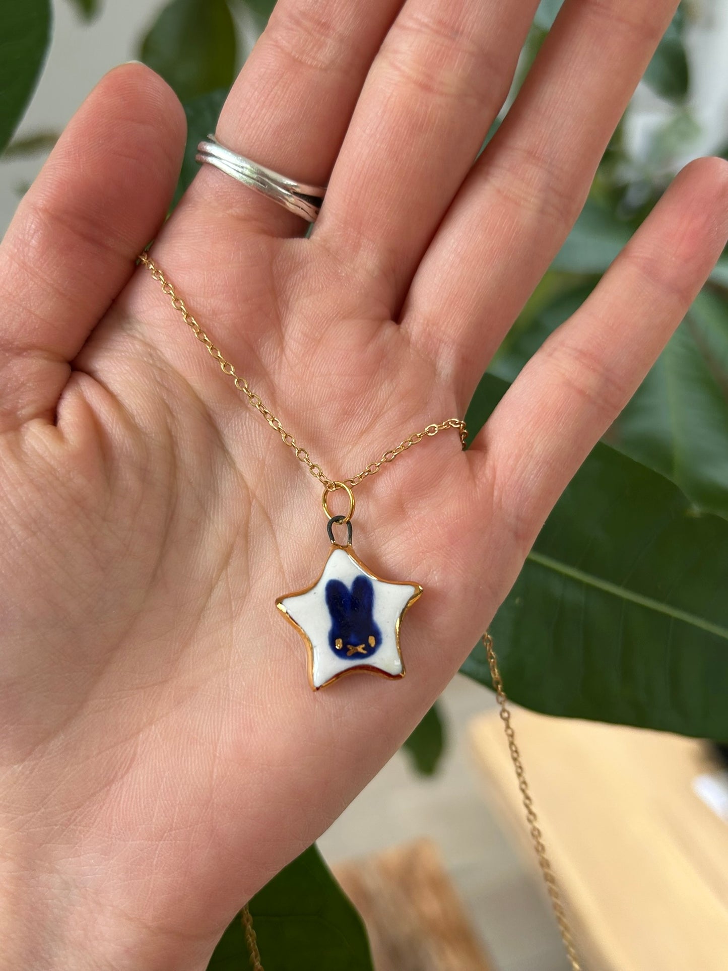 Hand-Sculpted Porcelain Miffy Pendant: 24k Gold Lustre Ceramic Necklace Charm