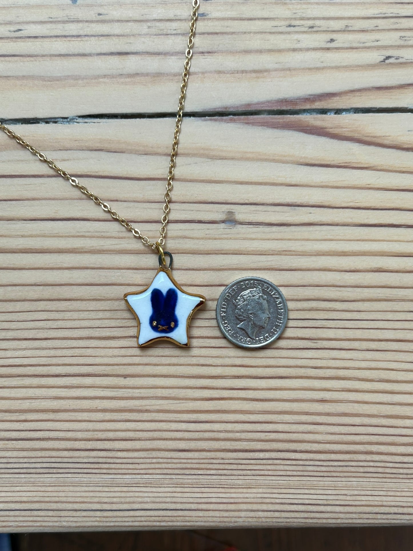 Hand-Sculpted Porcelain Miffy Pendant: 24k Gold Lustre Ceramic Necklace Charm
