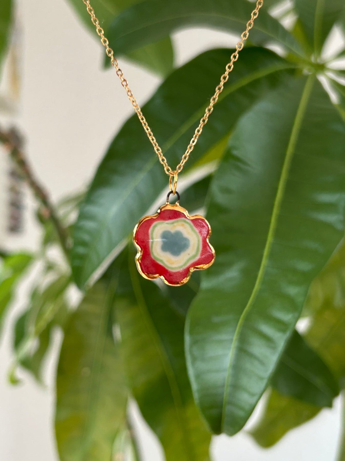 Hand-Sculpted Porcelain Flower Pendant: 24k Gold Lustre Ceramic Necklace Charm