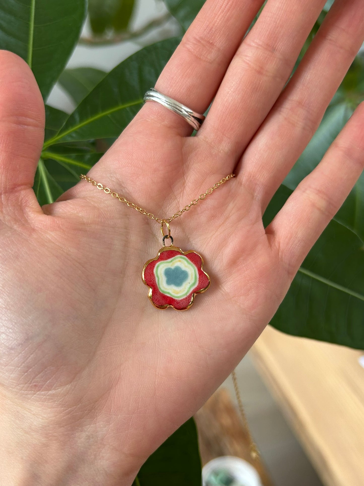 Hand-Sculpted Porcelain Flower Pendant: 24k Gold Lustre Ceramic Necklace Charm