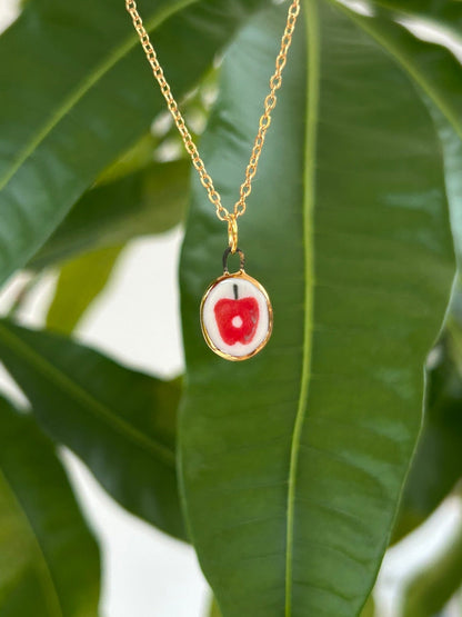 Hand-Sculpted Porcelain Apple Pendant: 24k Gold Lustre Ceramic Necklace Charm