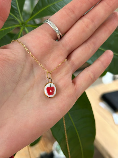 Hand-Sculpted Porcelain Apple Pendant: 24k Gold Lustre Ceramic Necklace Charm