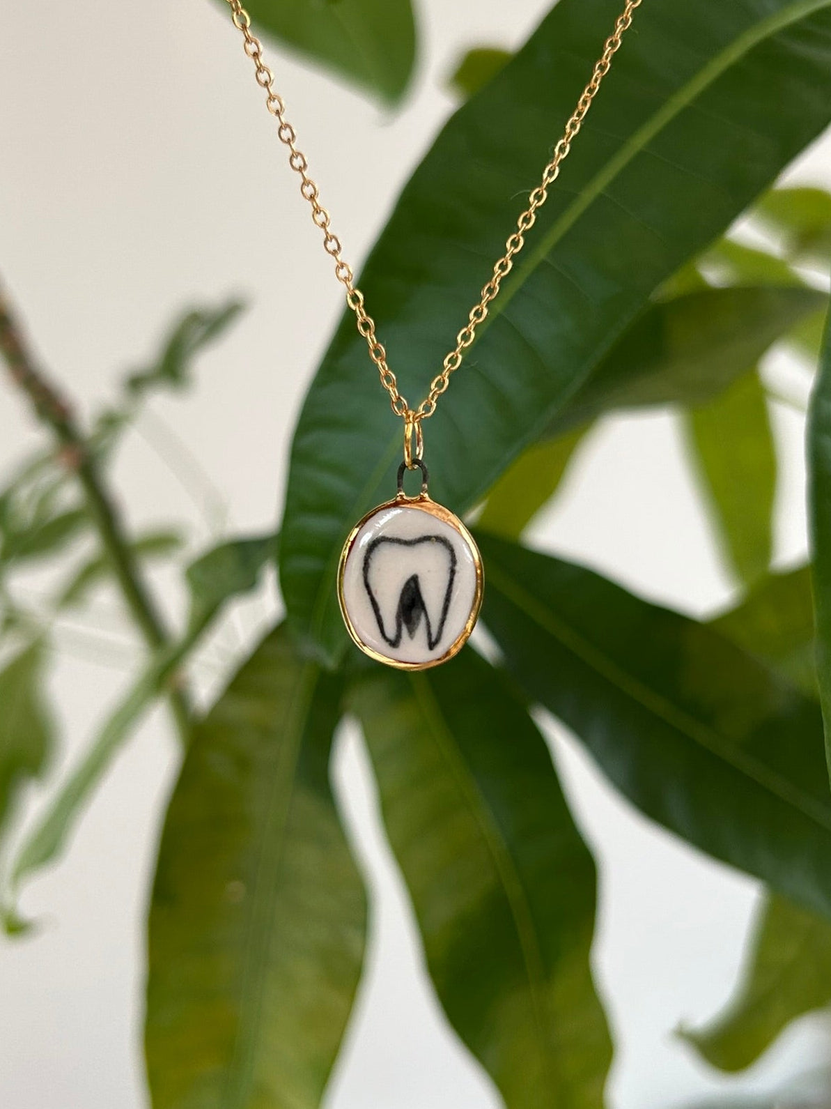Hand-Sculpted Porcelain Tooth Pendant: 24k Gold Lustre Ceramic Necklace Charm