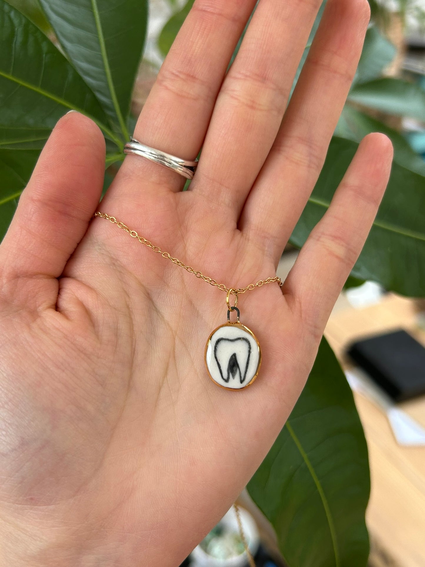Hand-Sculpted Porcelain Tooth Pendant: 24k Gold Lustre Ceramic Necklace Charm