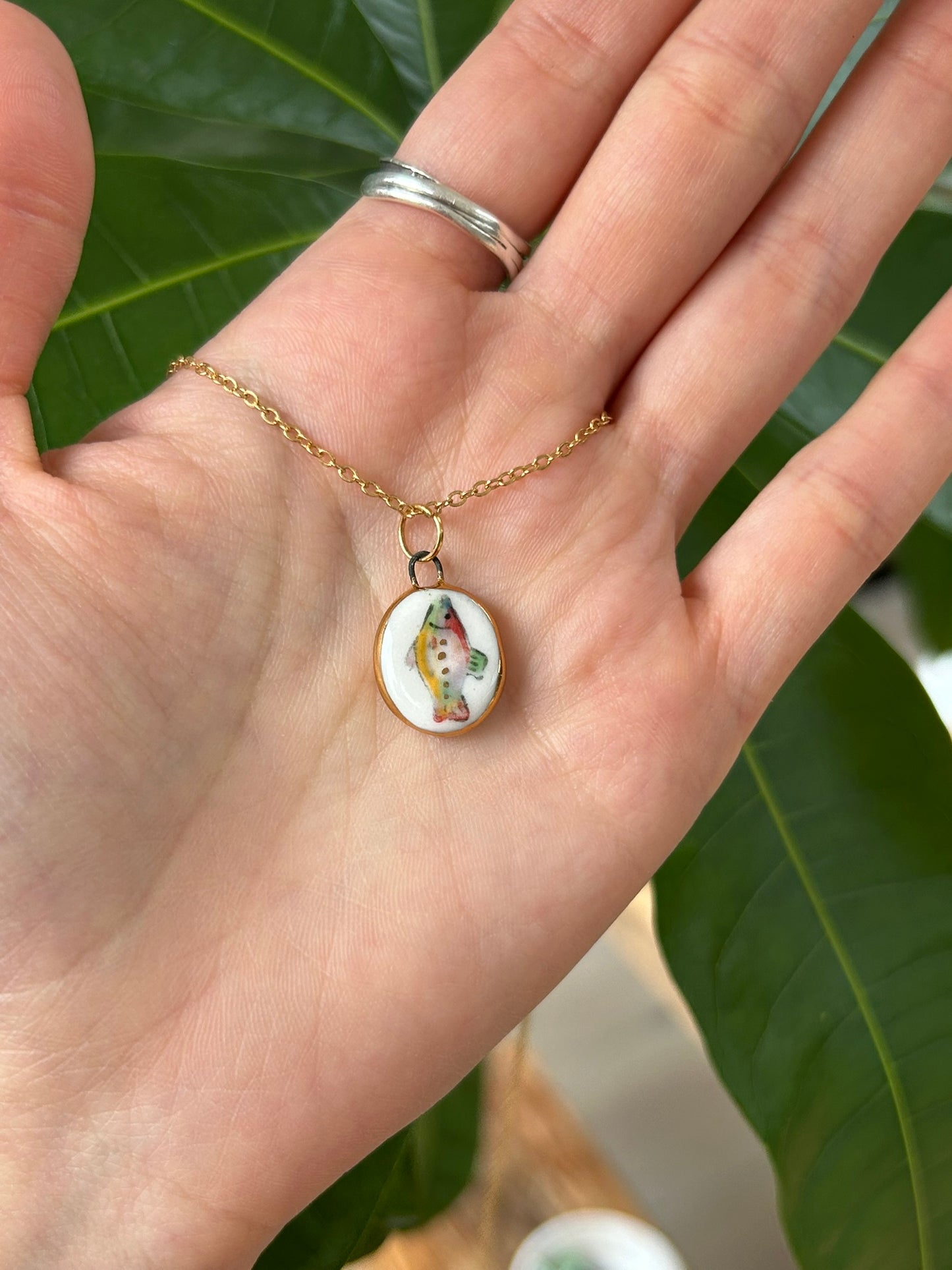 Hand-Sculpted Porcelain Fish Pendant: 24k Gold Lustre Ceramic Necklace Charm