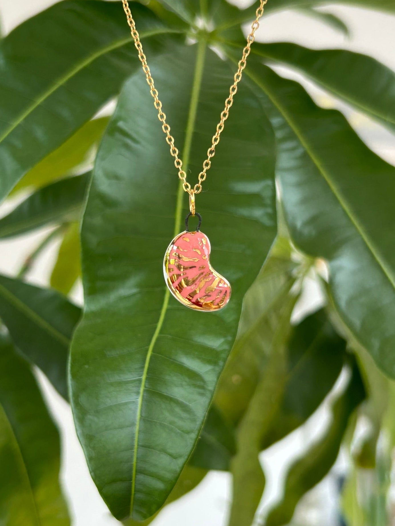 Hand-Sculpted Porcelain Pink Bean Pendant: 24k Gold Lustre Ceramic Necklace Charm