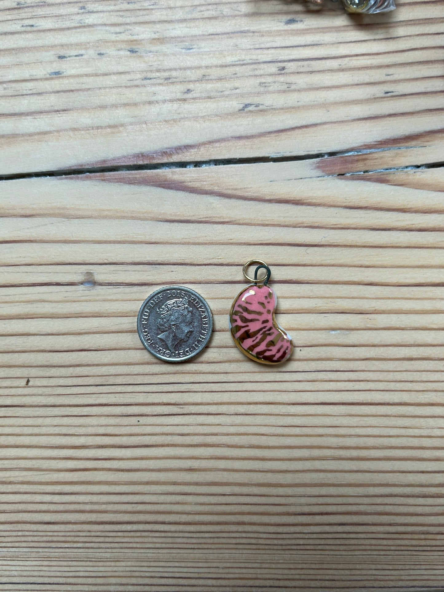 Hand-Sculpted Porcelain Pink Bean Pendant: 24k Gold Lustre Ceramic Necklace Charm