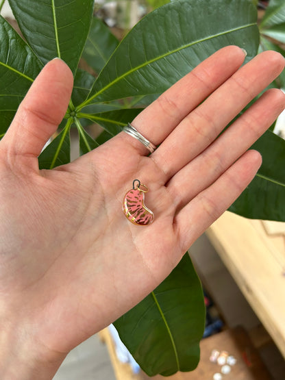 Hand-Sculpted Porcelain Pink Bean Pendant: 24k Gold Lustre Ceramic Necklace Charm