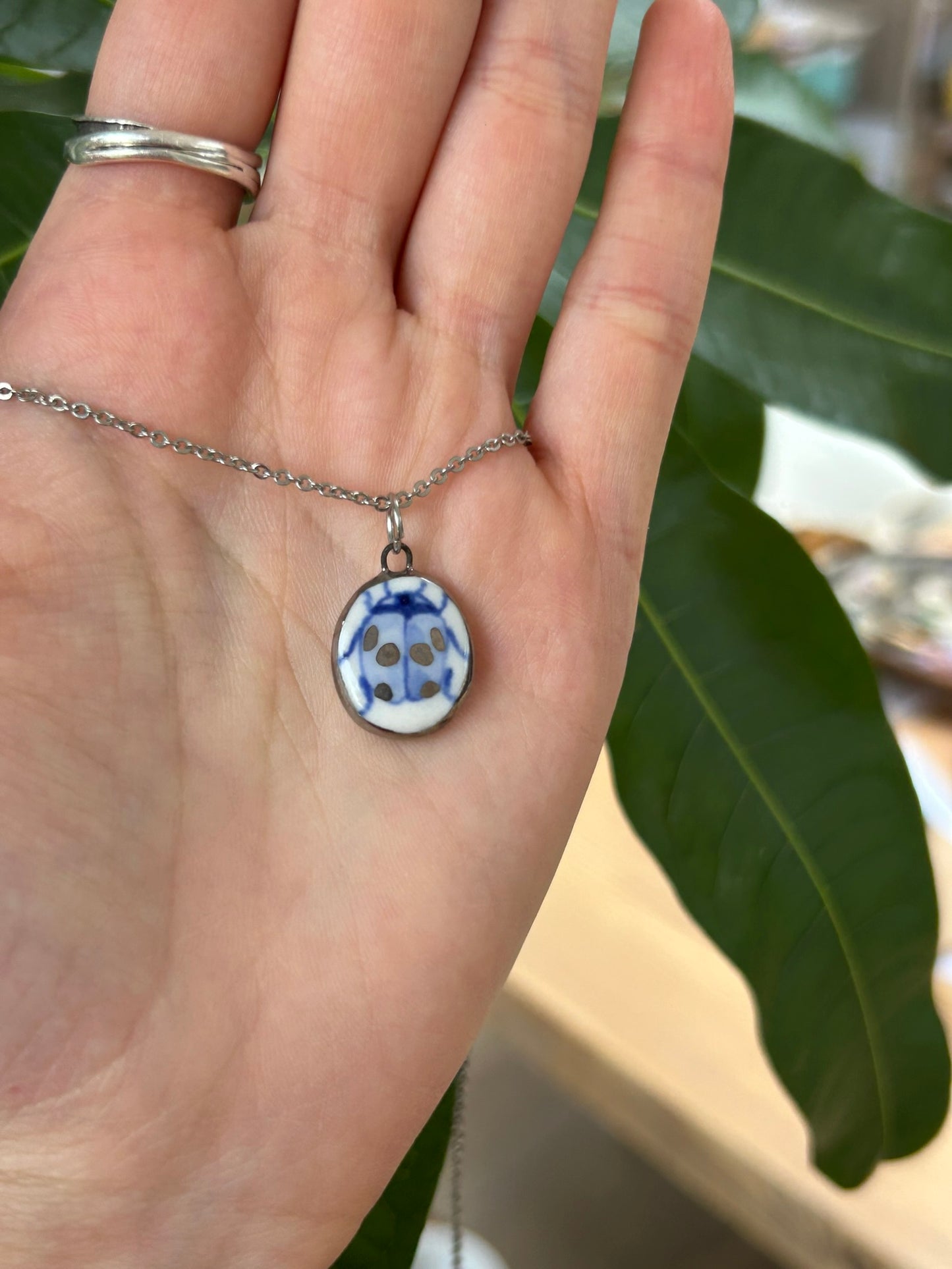 Hand-Sculpted Porcelain Ladybug Pendant: Platinum Lustre Ceramic Necklace Charm