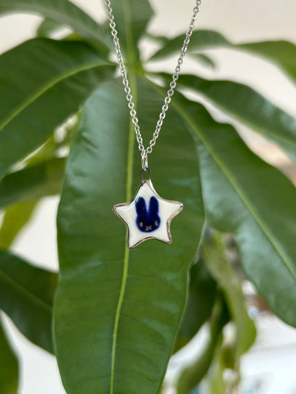 Hand-Sculpted Porcelain Miffy Pendant: Platinum Lustre Ceramic Necklace Charm