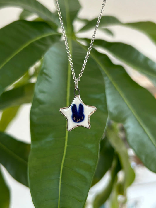 Hand-Sculpted Porcelain Miffy Pendant: Platinum Lustre Ceramic Necklace Charm