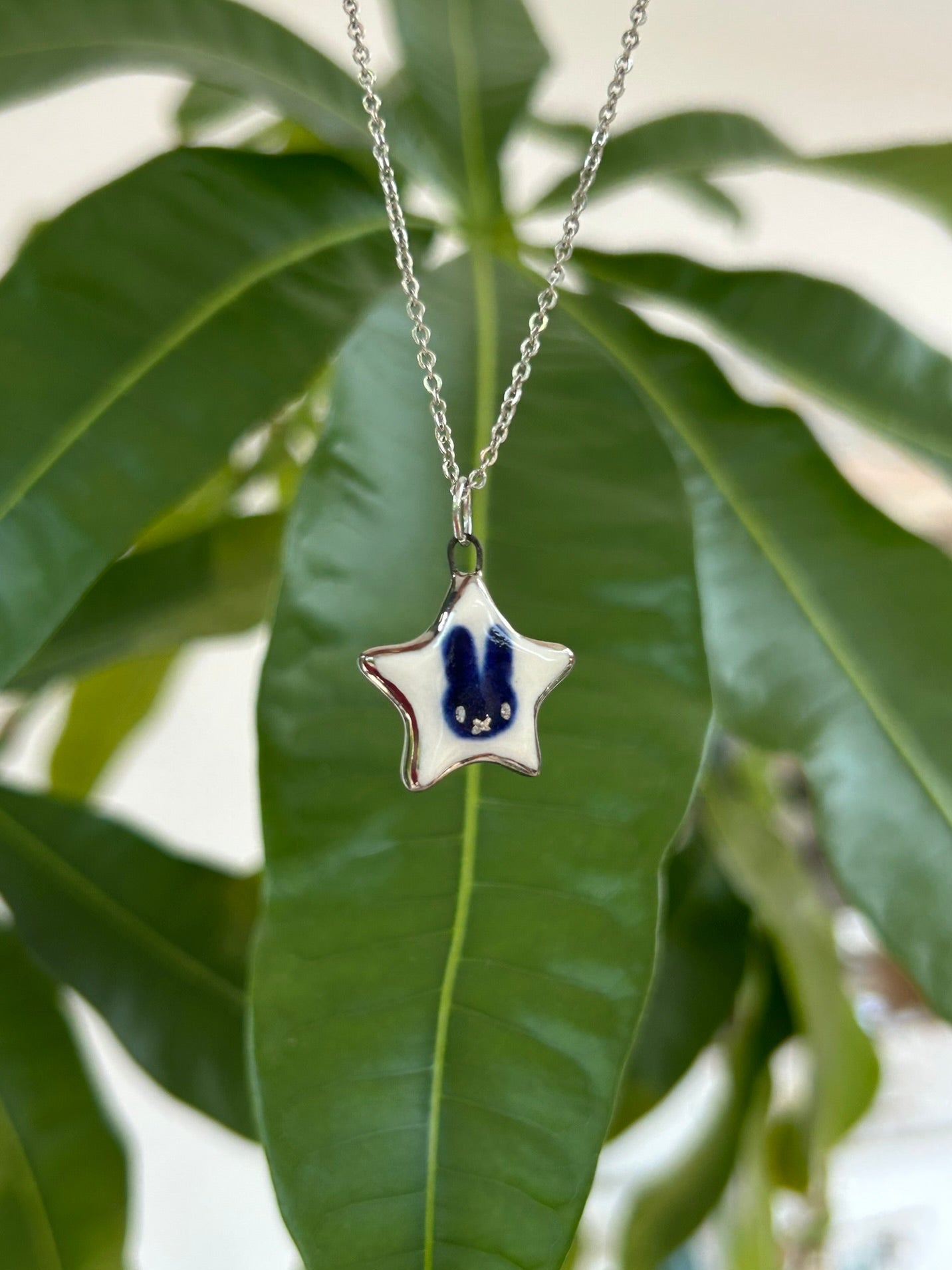 Hand-Sculpted Porcelain Miffy Pendant: Platinum Lustre Ceramic Necklace Charm