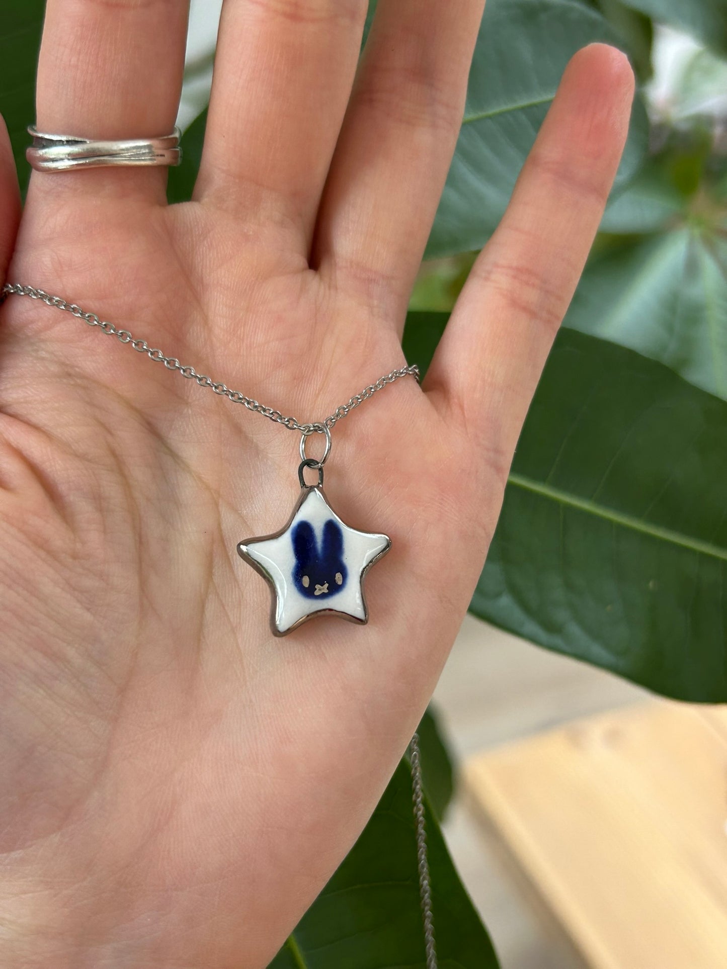 Hand-Sculpted Porcelain Miffy Pendant: Platinum Lustre Ceramic Necklace Charm