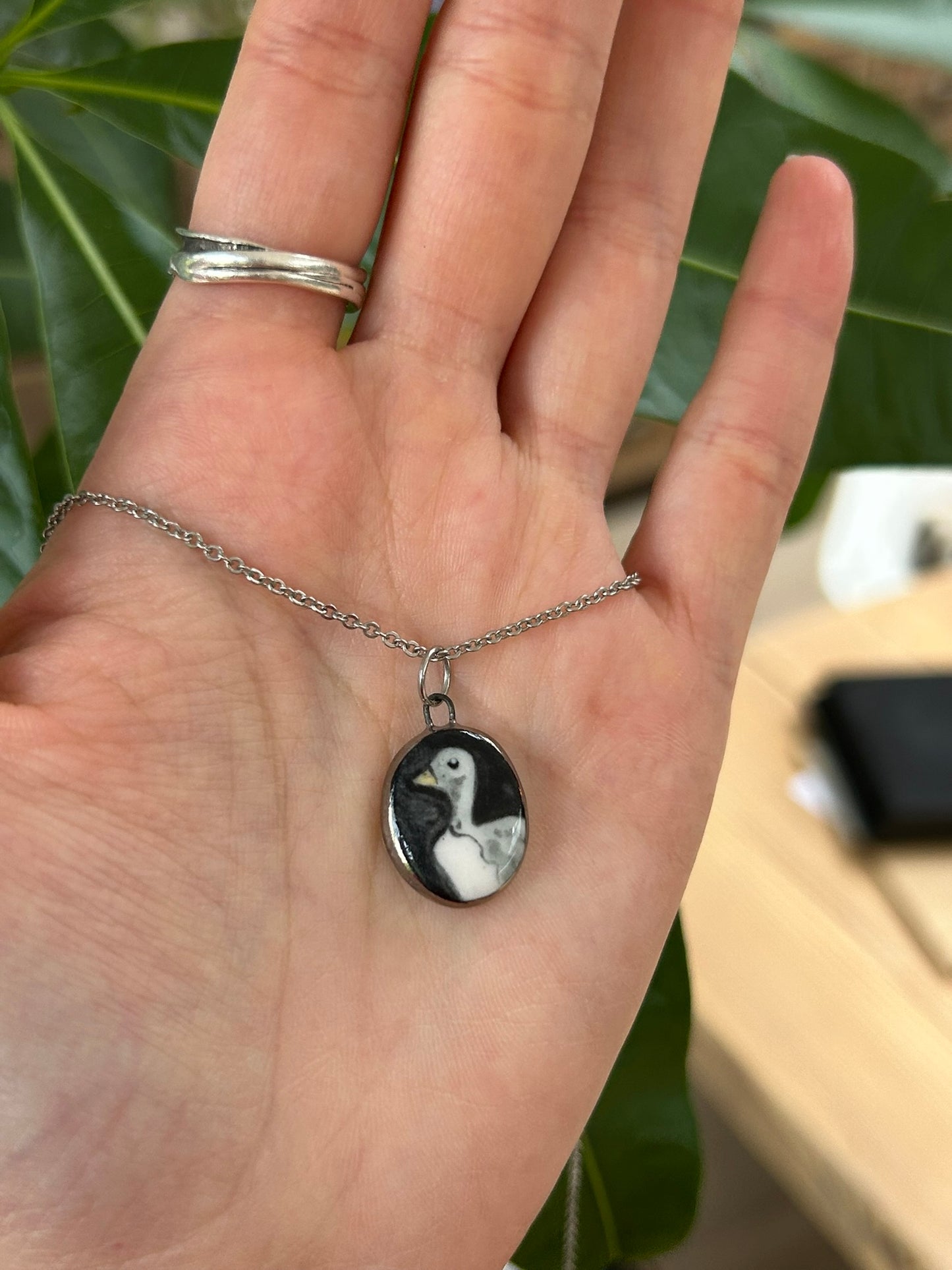 Hand-Sculpted Porcelain Goose Pendant: Platinum Lustre Ceramic Necklace Charm