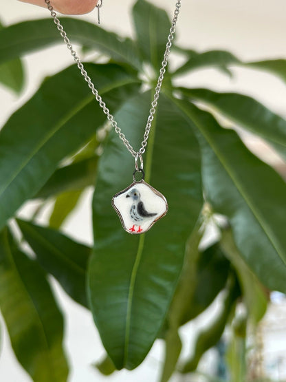 Hand-Sculpted Porcelain Pigeon Pendant: Platinum Lustre Ceramic Necklace Charm