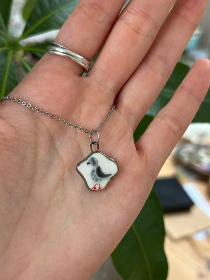 Hand-Sculpted Porcelain Pigeon Pendant: Platinum Lustre Ceramic Necklace Charm