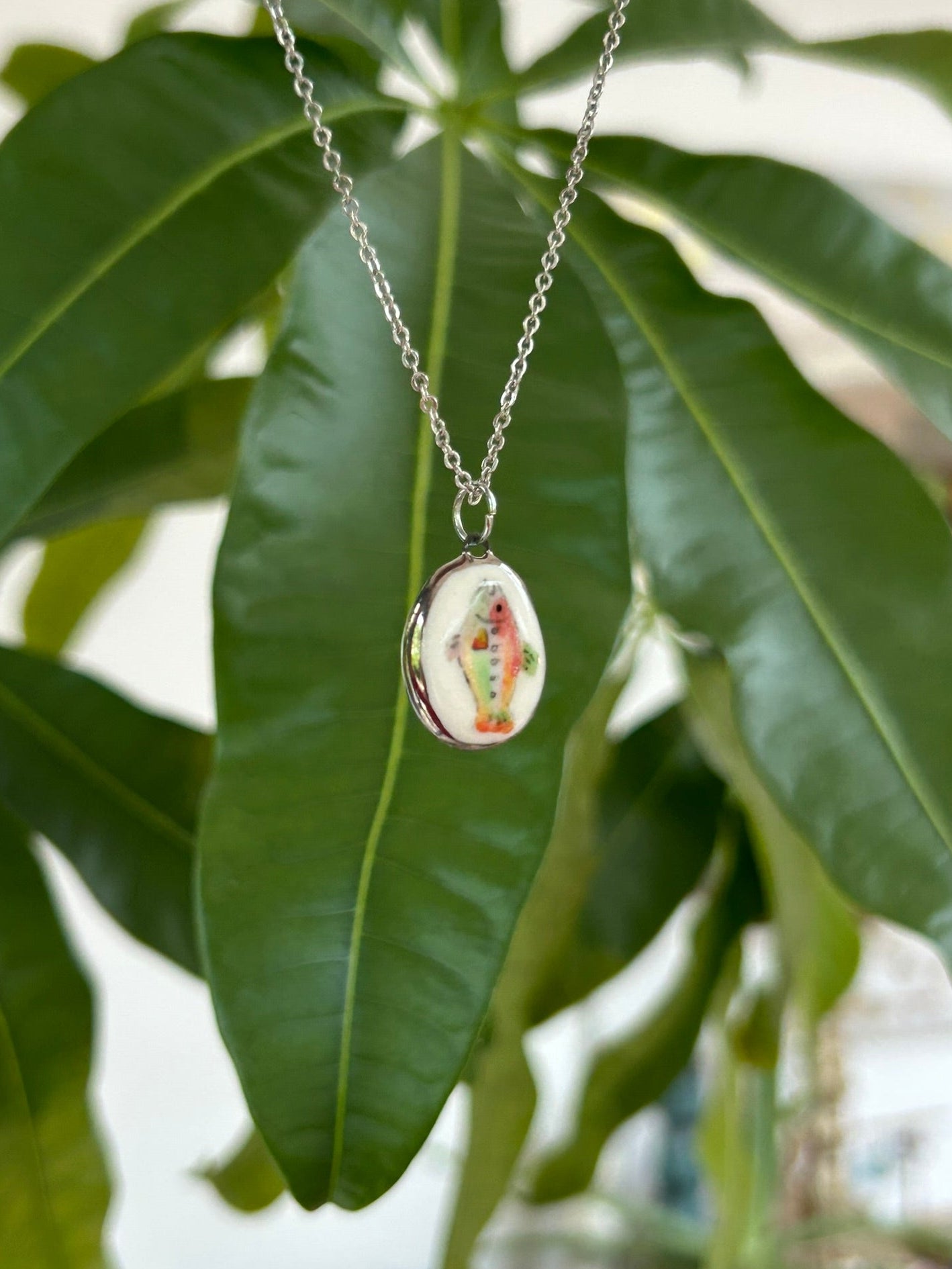 Hand-Sculpted Porcelain Fish Pendant: Platinum Lustre Ceramic Necklace Charm