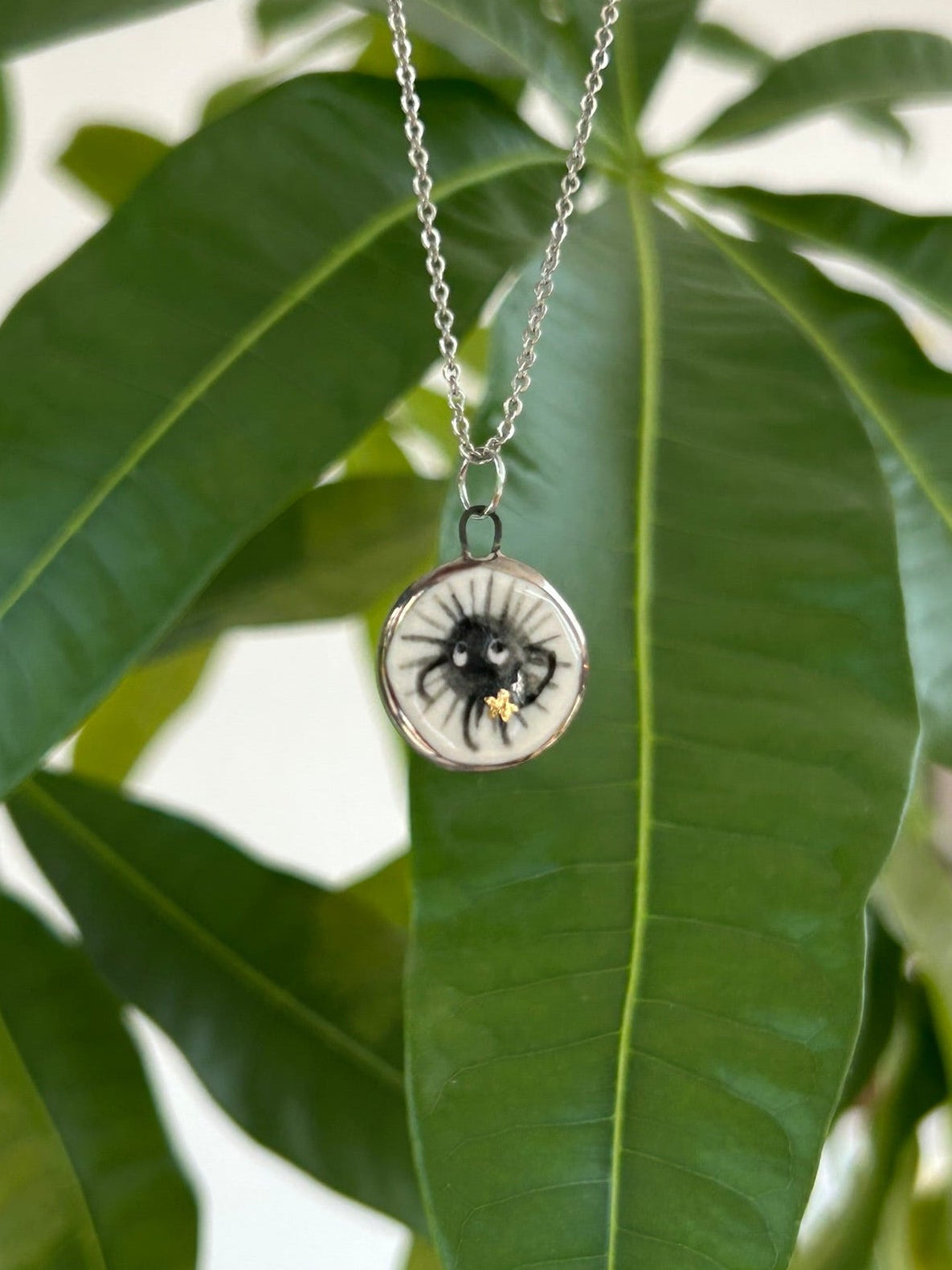 Hand-Sculpted Porcelain Soot Sprite Pendant: Platinum Lustre Ceramic Necklace Charm